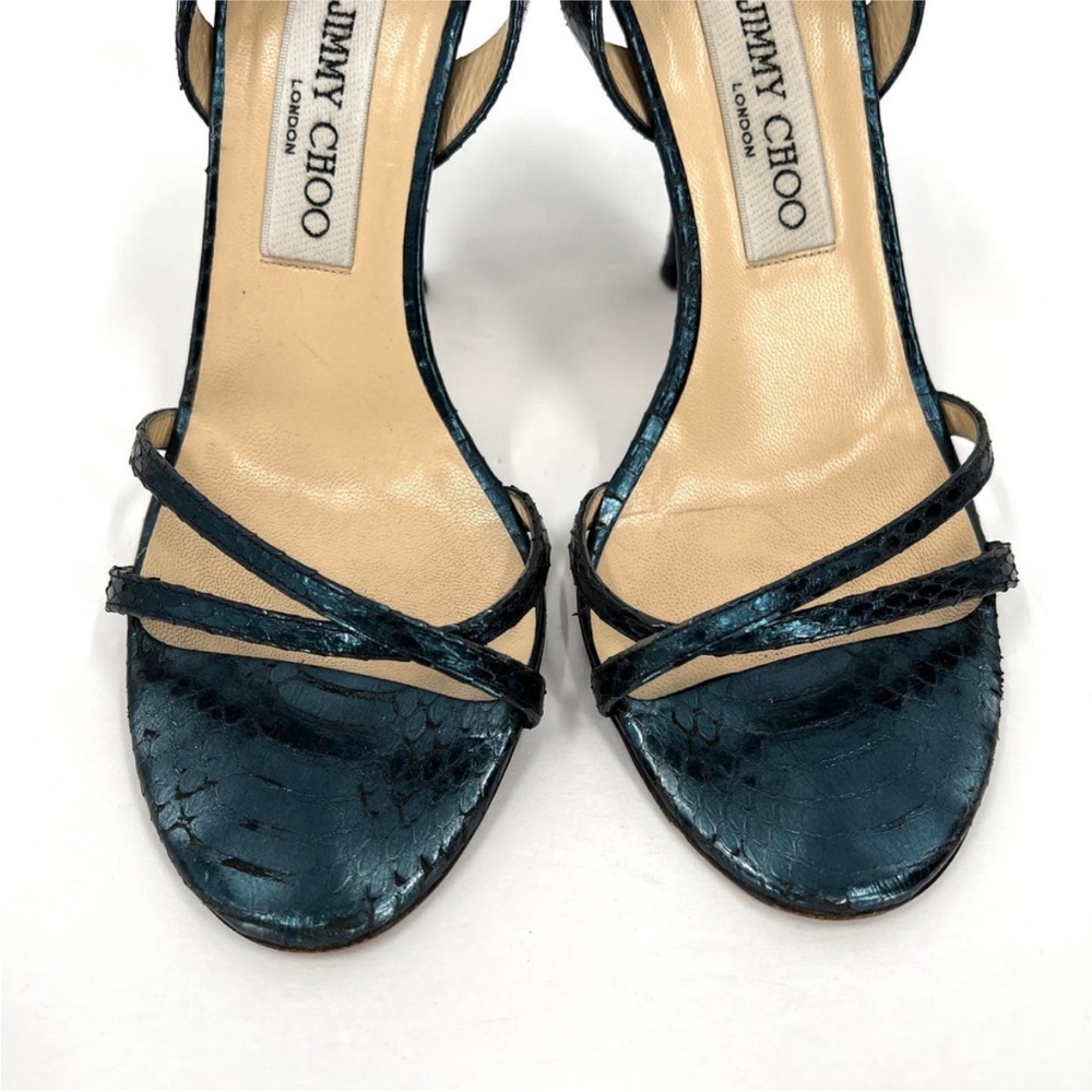 JIMMY CHOO Shoes Womens 38 Metallic Blue Snake Embossed Strappy Leather Sandal - Picture 2 of 14